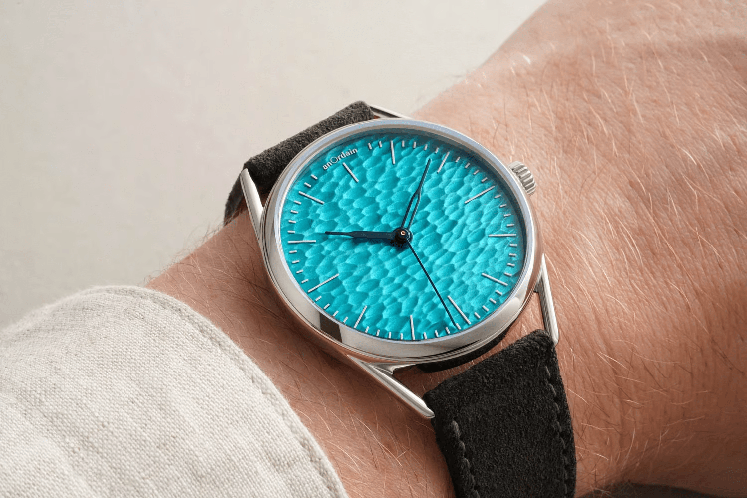 Kỳ Lân Luxury anordain model 3 method aqua min Đồng hồ anOrdain Model 3 với mặt số tráng men vân gỗ