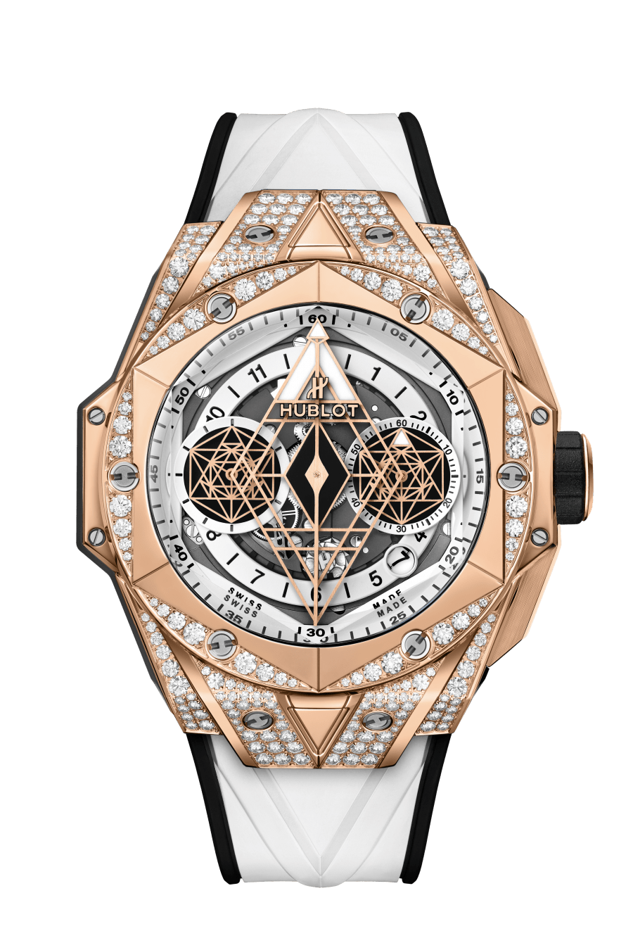Kỳ Lân Luxury big bang sang bleu ii king gold white pave 45 mm soldier shot HUBLOT BIG BANG SANG BLEU II KING GOLD WHITE PAVÉ