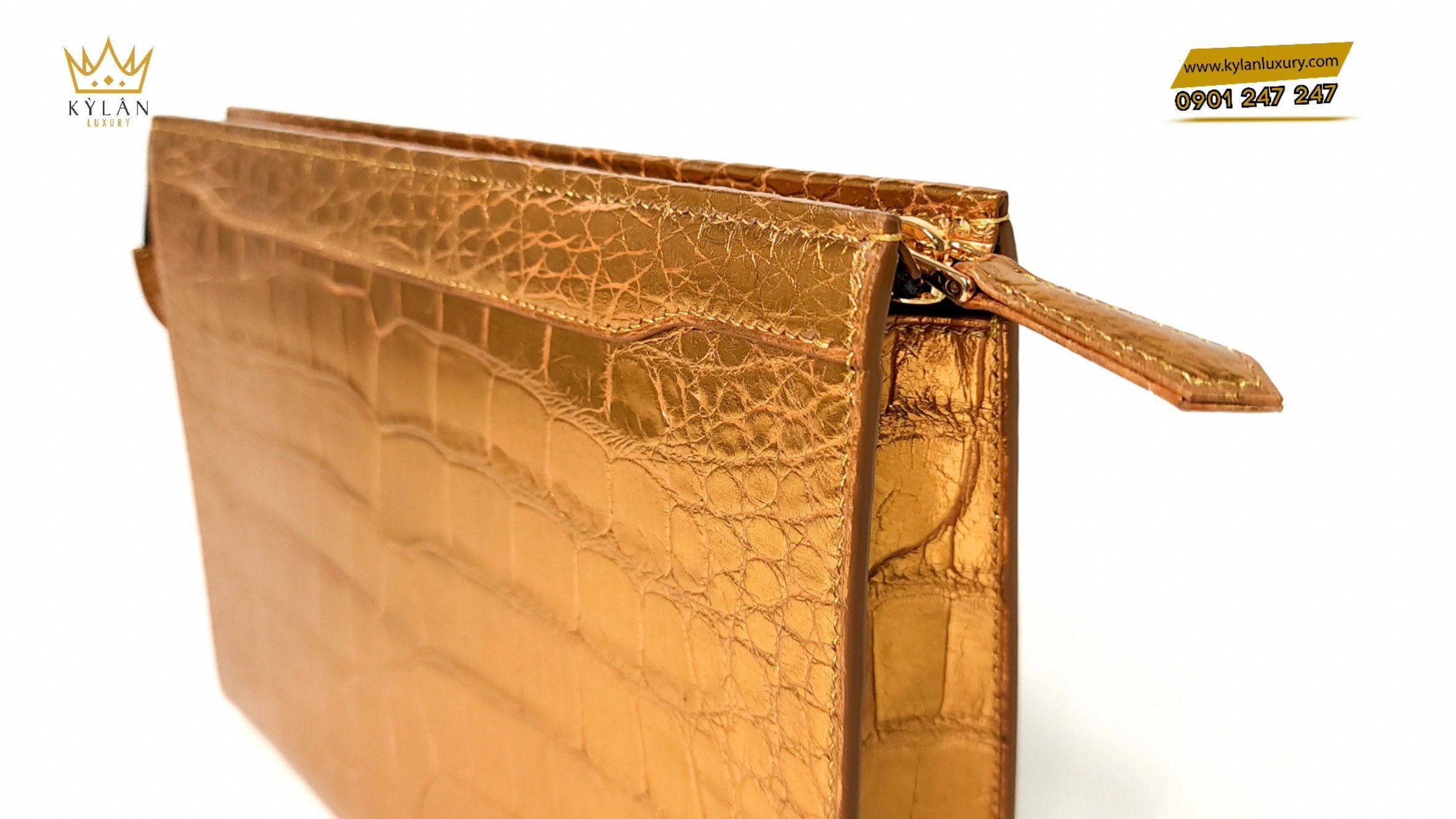 Kỳ Lân Luxury clutch nu da ca sau alligator dat vang 3 TÚI CLUTCH DA CÁ ALLIGATOR DÁT VÀNG