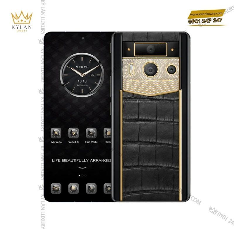 Điện Thoại Metavertu 2 Luxury Custom-Made Gold Plain Weave With Diamond Alligator Skin Web3 Ai Phone – Black