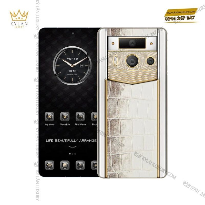 Kỳ Lân Luxury dien thoai metavertu 2 luxury custom made gold plain weave with diamond himalaya alligator skin web3 ai phone white 2 1 1 Điện Thoại Metavertu 2 Luxury Custom-Made Gold Plain Weave With Diamond Himalaya Alligator Skin Web3 Ai Phone – White