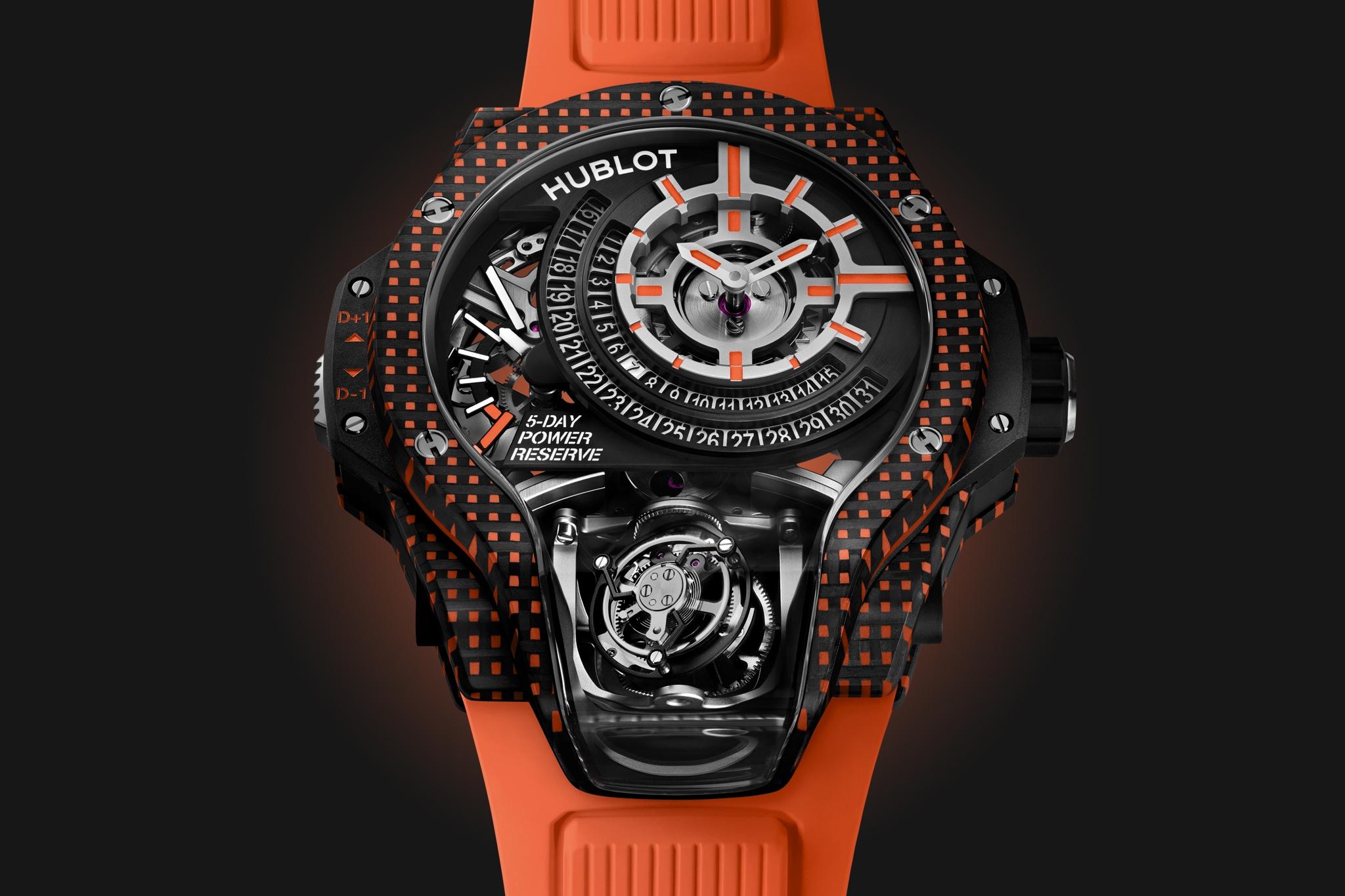 Kỳ Lân Luxury dong ho mp 09 hublot tourbillon bi axis oranger 3d carbon 5 Đồng hồ MP-09 Hublot Tourbillon Bi-Axis Oranger 3D Carbon