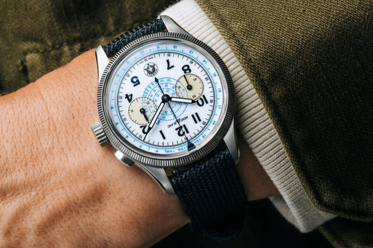 Kỳ Lân Luxury montblanc collective horology 1858 minerva monopusher chronograph p 05 2 Đồng hồ Montblanc × Collective Horology 1858 Minerva Monopizer Chronograph “Blue Arrow”