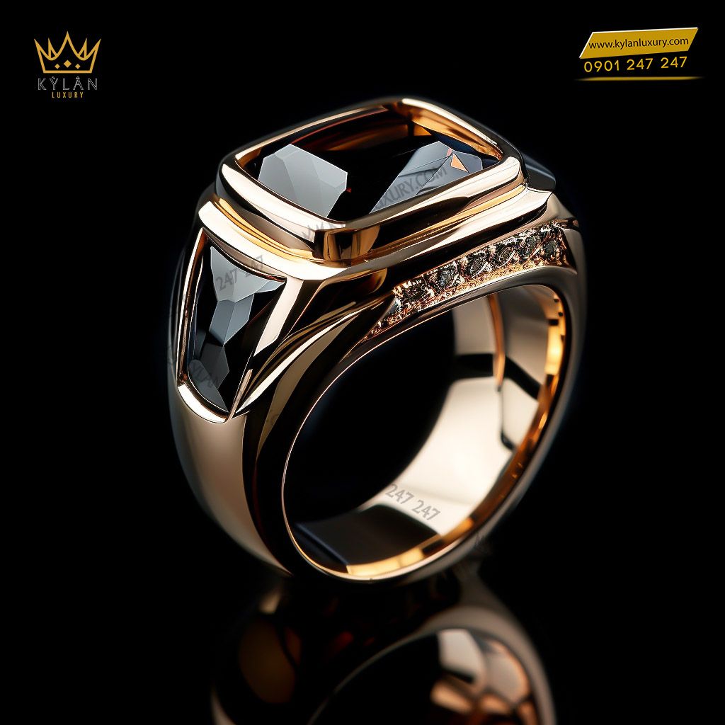 Kỳ Lân Luxury nhan vang nguyen khoi 18k au750 dinh da quy nau Nhẫn nam vàng nguyên khối 18k Au750 đính đá quý nâu