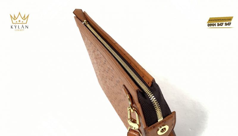 Túi clutch da đà điểu màu cam đất