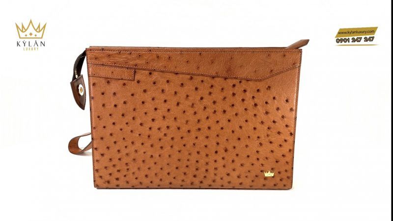 Túi clutch da đà điểu màu cam đất