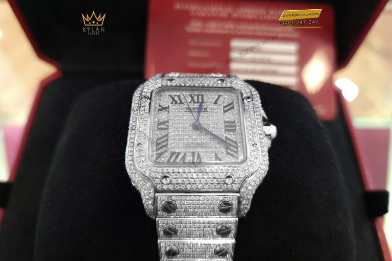 Kỳ Lân Luxury Cartier Santos De Cartier Medium Size Custom Diamond 17 Đồng hồ Cartier Santos De Cartier Medium Size Custom Diamond