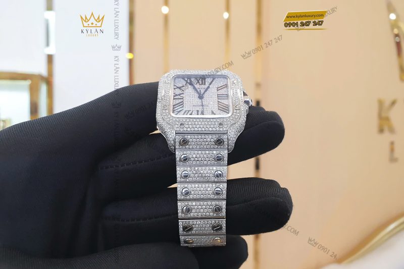 Kỳ Lân Luxury Cartier Santos De Cartier Medium Size Custom Diamond 3 Đồng hồ Cartier Santos De Cartier Medium Size Custom Diamond