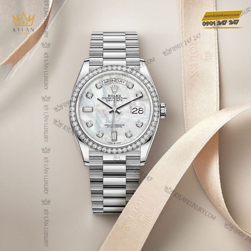 Đồng hồ Rolex Day-Date 36 128349RBR-0004 mặt số khảm trai, cọc số kim cương
