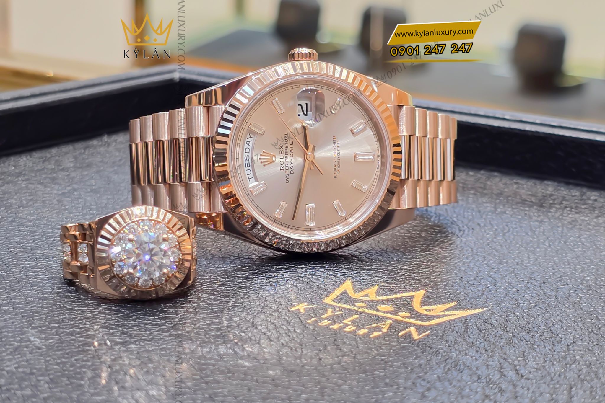 Kỳ Lân Luxury Dong ho Rolex Day Date 40 228235 0004 mat so Sundust coc so kim cuong 3 Đồng hồ Rolex Day Date 40 228235-0004 mặt số Sundust, cọc số kim cương