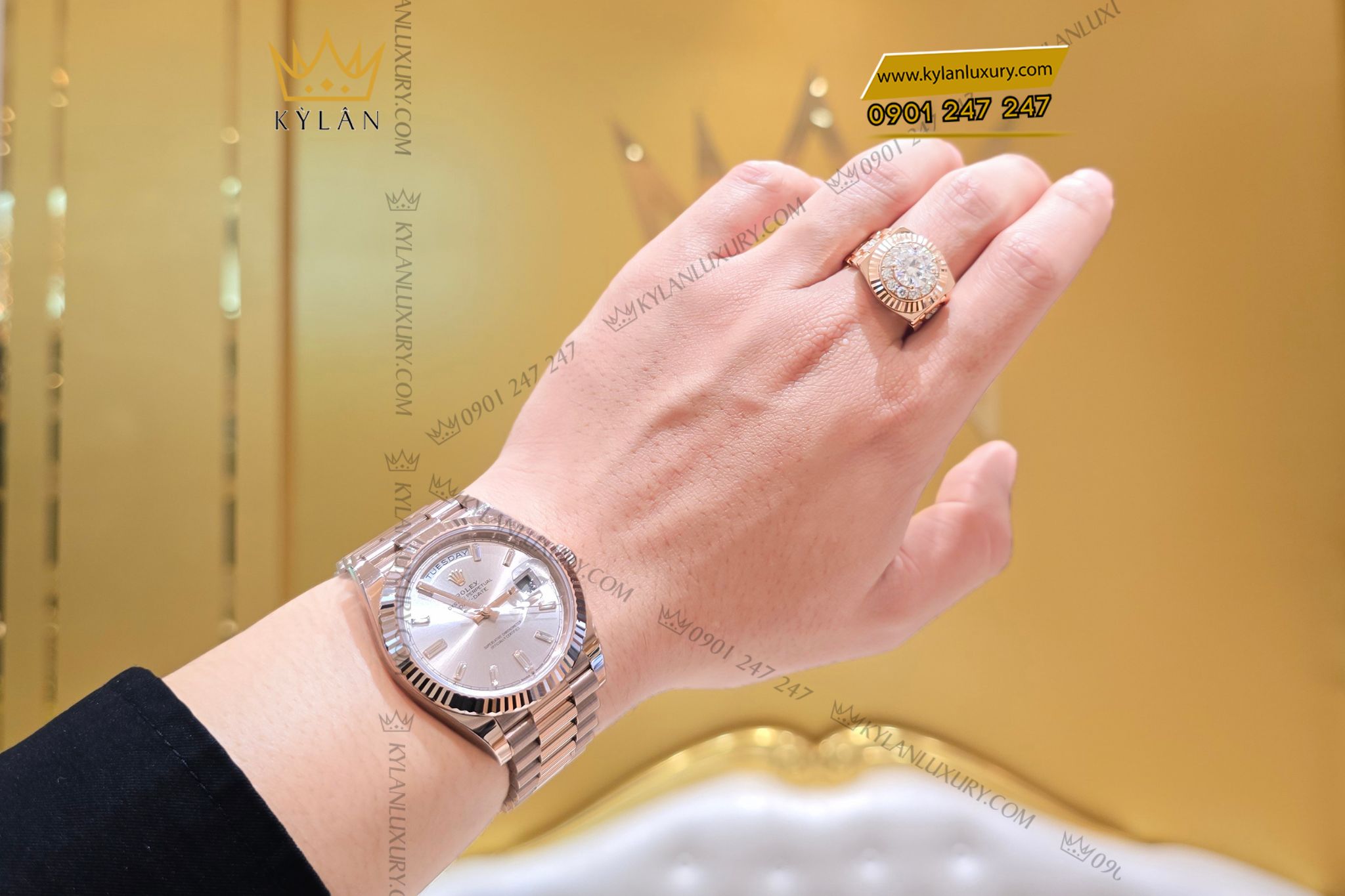 Kỳ Lân Luxury Dong ho Rolex Day Date 40 228235 0004 mat so Sundust coc so kim cuong 4 Đồng hồ Rolex Day Date 40 228235-0004 mặt số Sundust, cọc số kim cương
