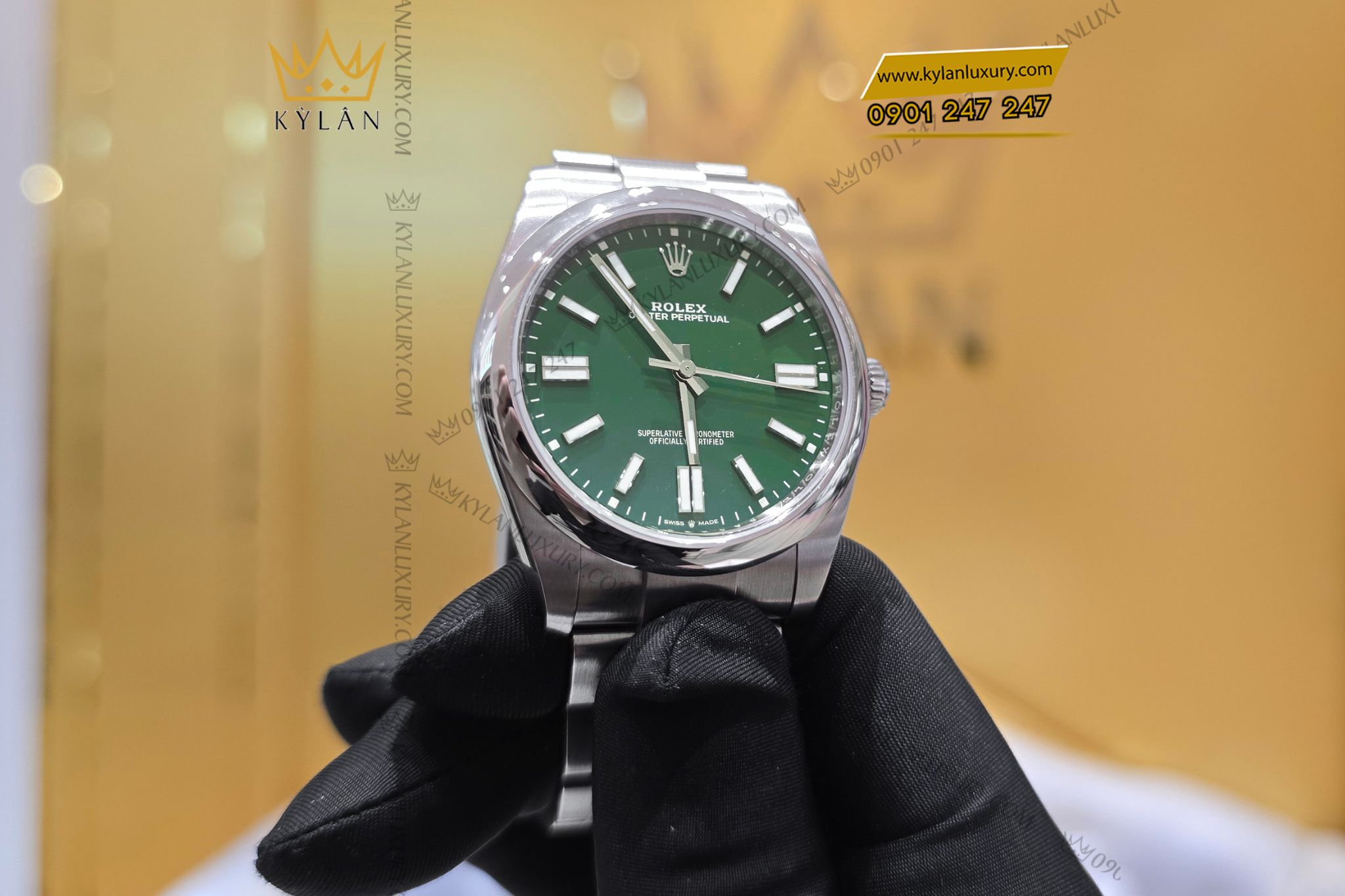Kỳ Lân Luxury Dong ho Rolex Oyster Perpetual 41 134300 0005 mat so xanh la 6 Đồng hồ Rolex Oyster Perpetual 41 134300-0005 mặt số xanh lá