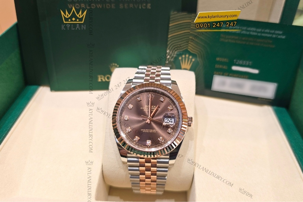 Kỳ Lân Luxury dong ho rolex 126331 mat nau chocolate 12 1 Đồng hồ Rolex Datejust 41 chocolate cọc kim cương 126331-0004