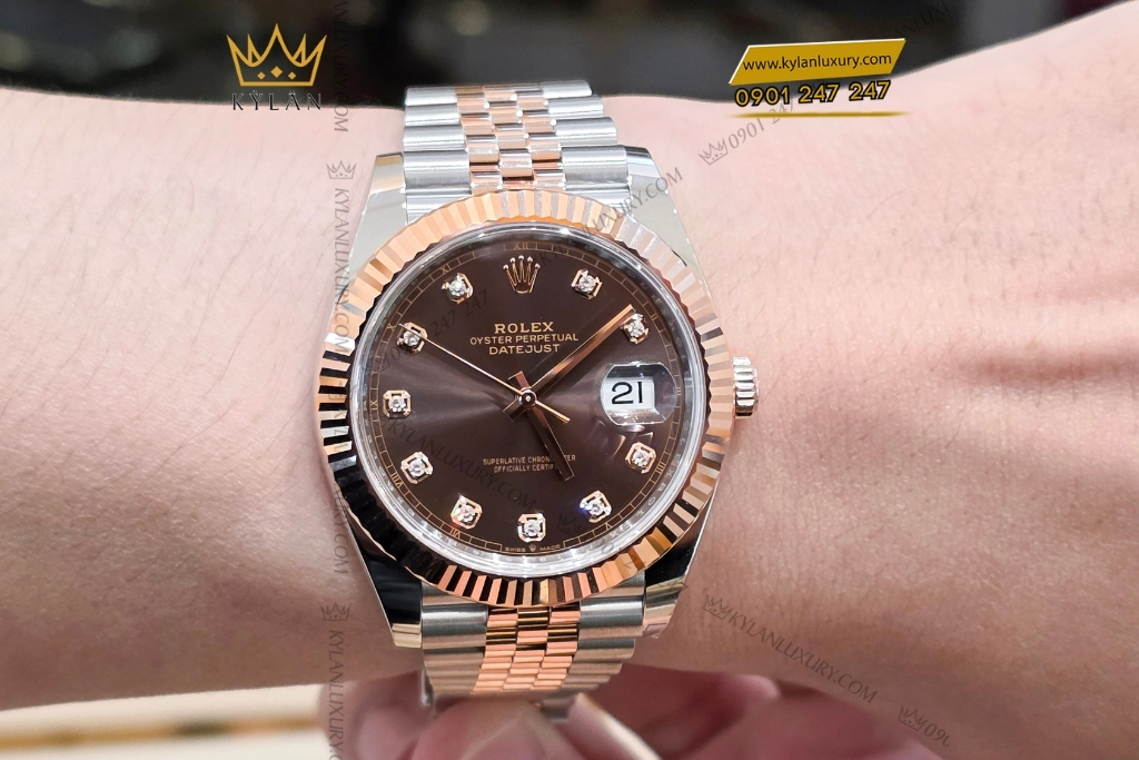 Kỳ Lân Luxury dong ho rolex 126331 mat nau chocolate 3 1 Đồng hồ Rolex Datejust 41 chocolate cọc kim cương 126331-0004