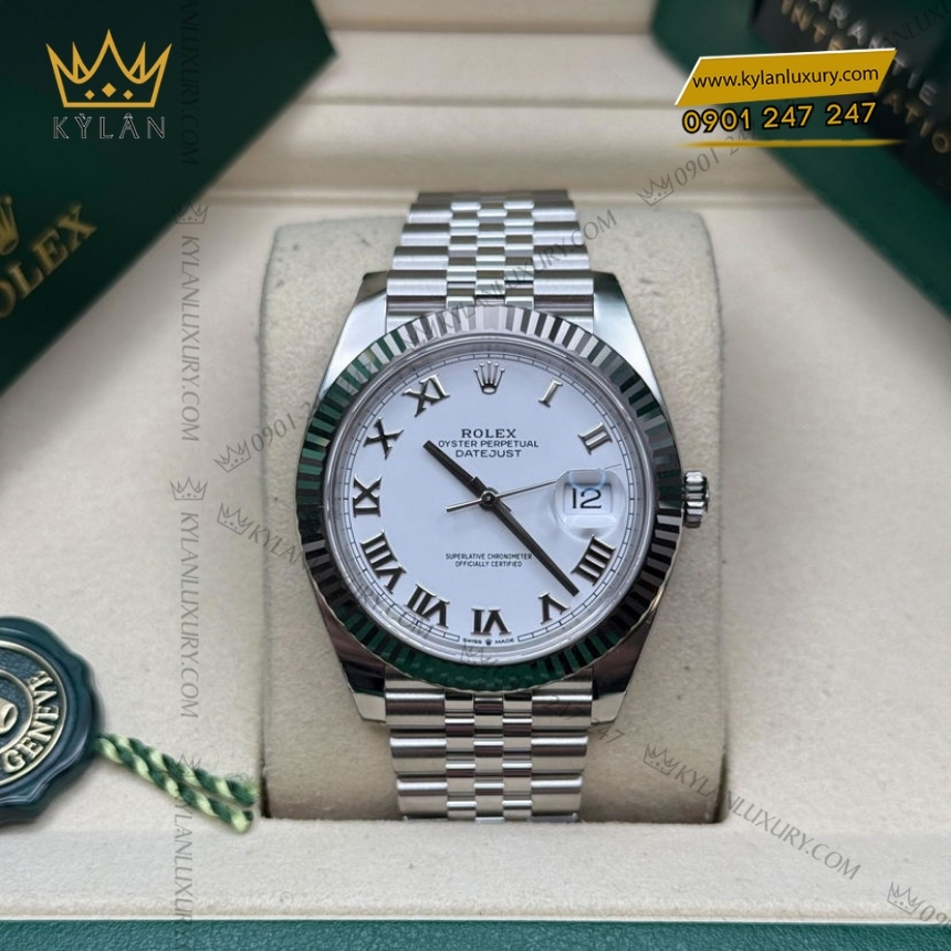 Kỳ Lân Luxury dong ho rolex datejust 126334 0024 mat so trang coc so la ma 4 Đồng hồ Rolex Datejust 41 mặt trắng La Mã 126334-0024