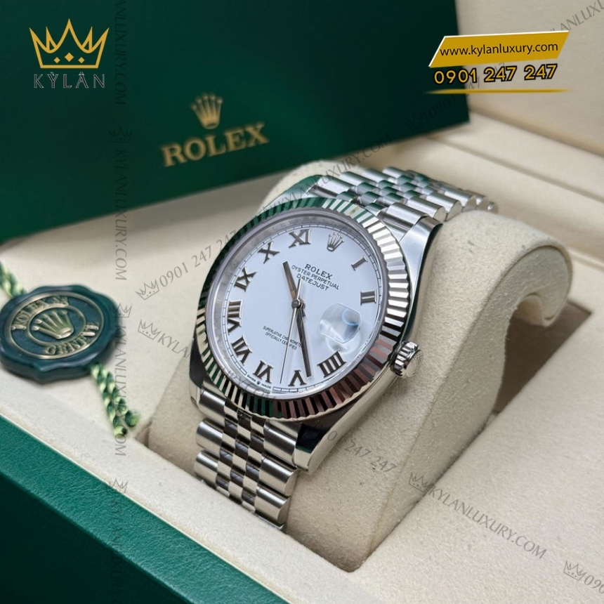 Kỳ Lân Luxury dong ho rolex datejust 126334 0024 mat so trang coc so la ma 5 Đồng hồ Rolex Datejust 41 mặt trắng La Mã 126334-0024