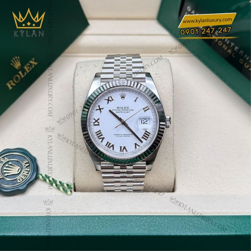 Kỳ Lân Luxury dong ho rolex datejust 126334 0024 mat so trang coc so la ma 7 Đồng hồ Rolex Datejust 41 mặt trắng La Mã 126334-0024