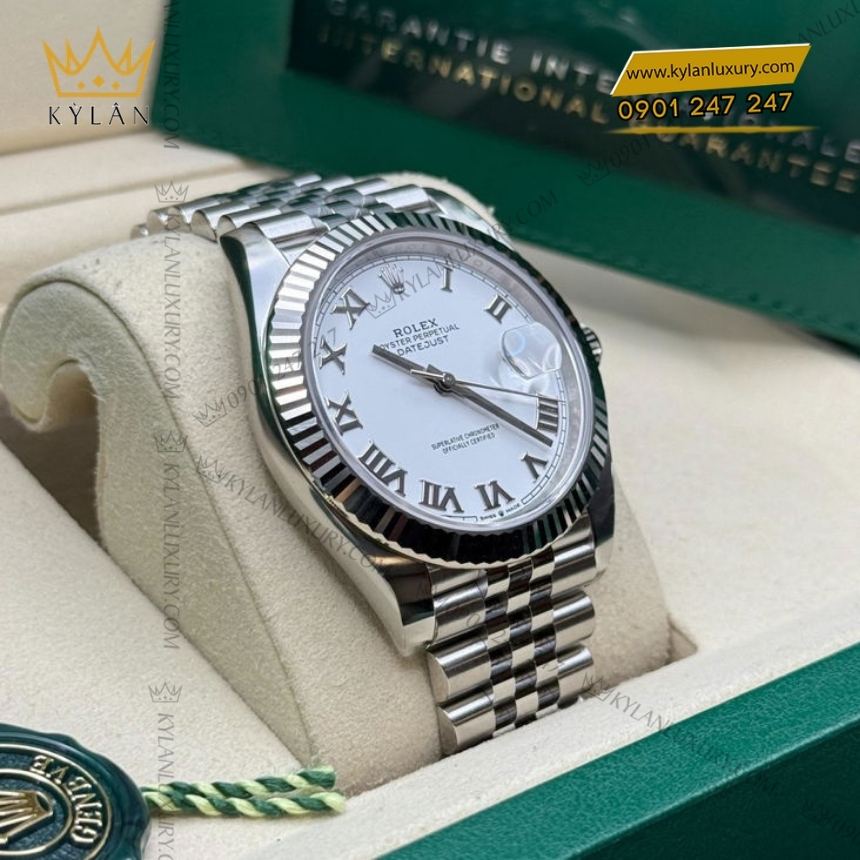 Kỳ Lân Luxury dong ho rolex datejust 126334 0024 mat so trang coc so la ma 9 Đồng hồ Rolex Datejust 41 mặt trắng La Mã 126334-0024