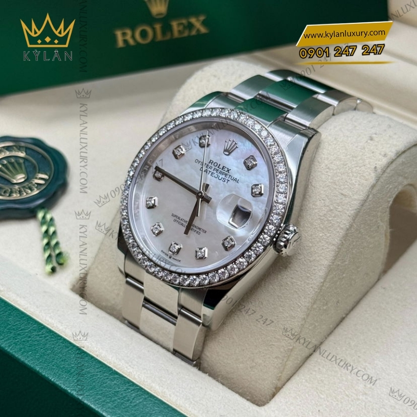 Kỳ Lân Luxury dong ho rolex datejust 36 126284rbr 0012 mat kham trai 5 Đồng hồ Rolex Datejust 36 xà cừ vành kim 126284RBR-0012