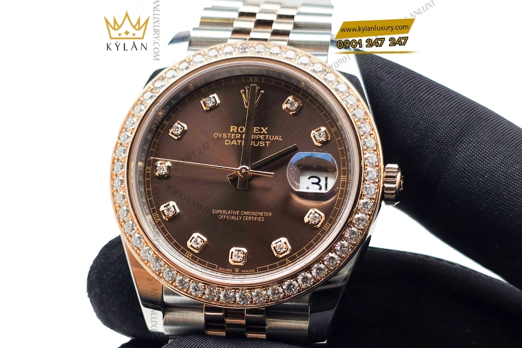 Kỳ Lân Luxury dong ho rolex datejust 41 126331 custom kim cuong 5 1 Đồng hồ Rolex Datejust 41 mặt chocolate custom vành kim cương 126331
