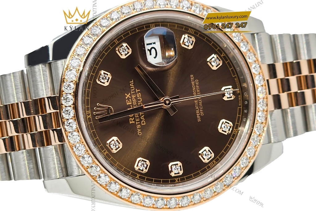 Kỳ Lân Luxury dong ho rolex datejust 41 126331 custom kim cuong 7 1 Đồng hồ Rolex Datejust 41 mặt chocolate custom vành kim cương 126331