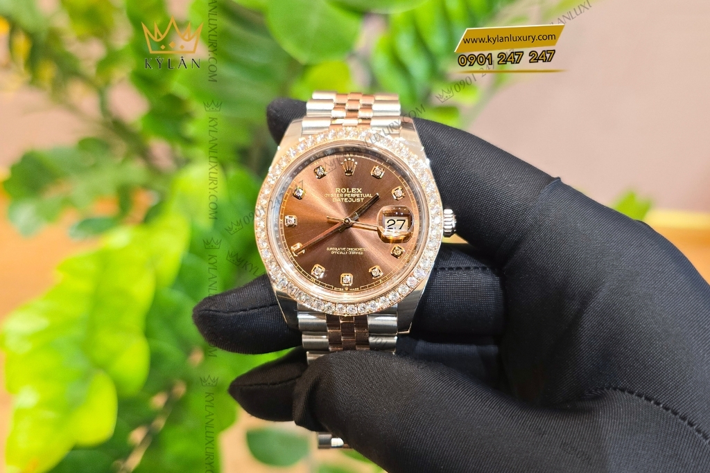 Kỳ Lân Luxury dong ho rolex datejust 41 126331 custom kim cuong 8 Đồng hồ Rolex Datejust 41 126331 mặt Chocolate vành bezel custom kim cương