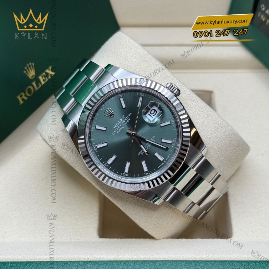 Kỳ Lân Luxury dong ho rolex datejust 41 126334 0027 mat so mau xanh la 5 Đồng hồ Rolex Datejust 41 mặt xanh mint dây oyster 126334-0027