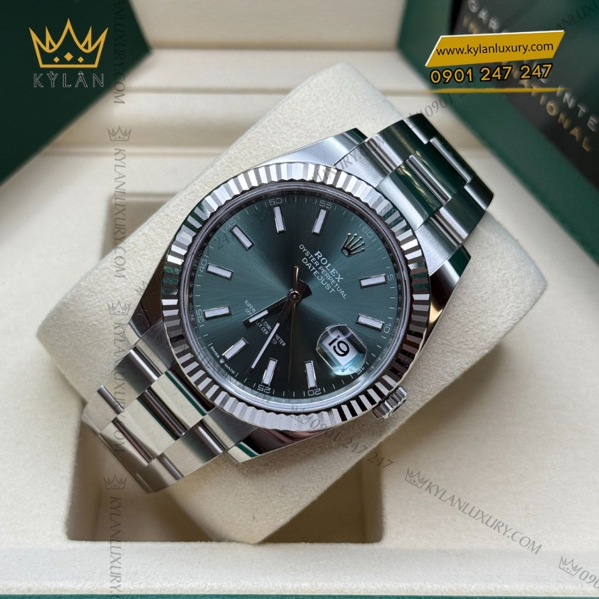 Kỳ Lân Luxury dong ho rolex datejust 41 126334 0027 mat so mau xanh la 6 Đồng hồ Rolex Datejust 41 mặt xanh mint dây oyster 126334-0027