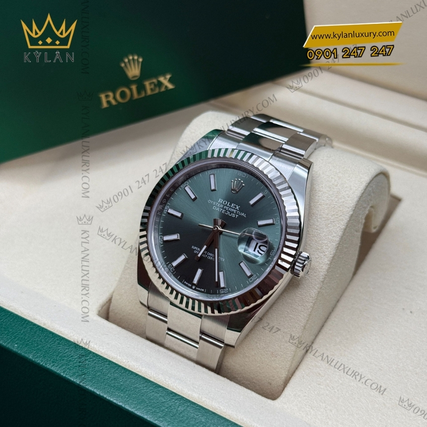 Kỳ Lân Luxury dong ho rolex datejust 41 126334 0027 mat so mau xanh la 8 Đồng hồ Rolex Datejust 41 mặt xanh mint dây oyster 126334-0027