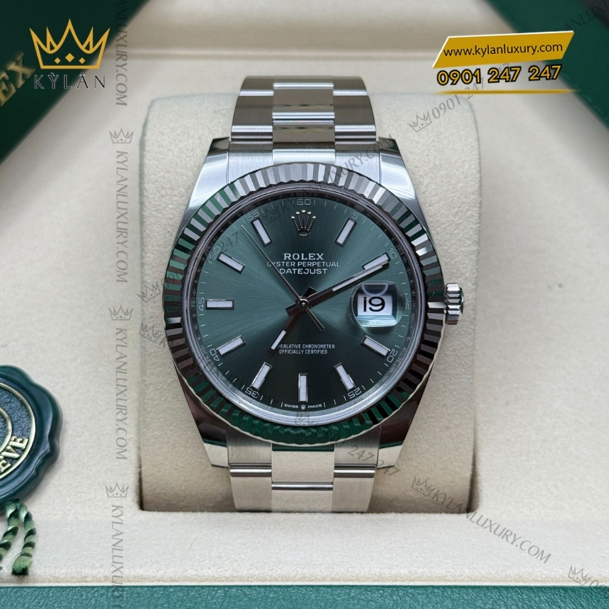 Kỳ Lân Luxury dong ho rolex datejust 41 126334 0027 mat so mau xanh la 9 Đồng hồ Rolex Datejust 41 mặt xanh mint dây oyster 126334-0027