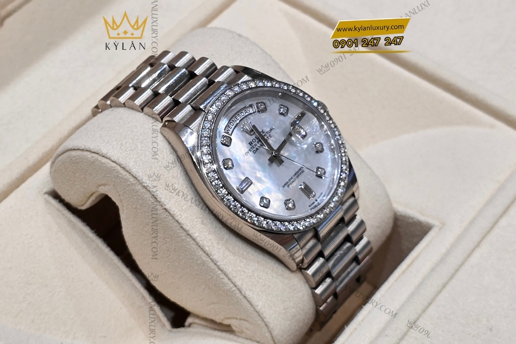 Kỳ Lân Luxury dong ho rolex day date 128349rbr mat kham trai 17 Đồng hồ Rolex Day Date 36 mặt xà cừ vành kim cương 128349RBR-0004