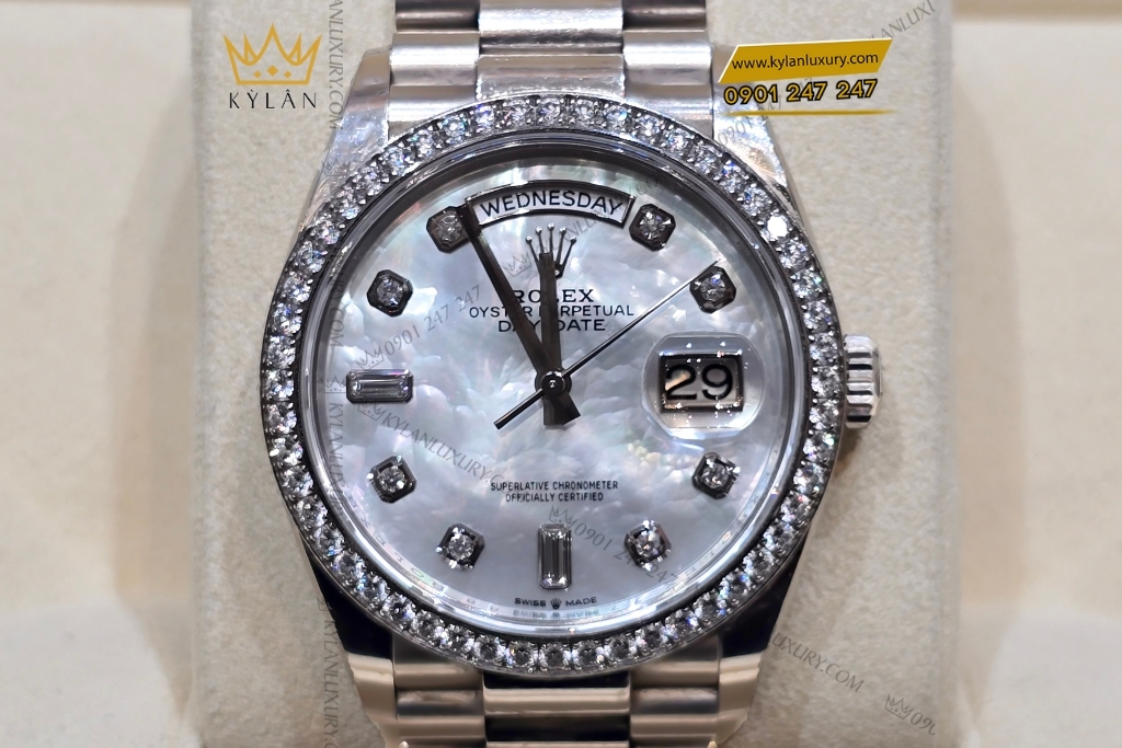 Kỳ Lân Luxury dong ho rolex day date 128349rbr mat kham trai 20 Đồng hồ Rolex Day Date 36 mặt xà cừ vành kim cương 128349RBR-0004