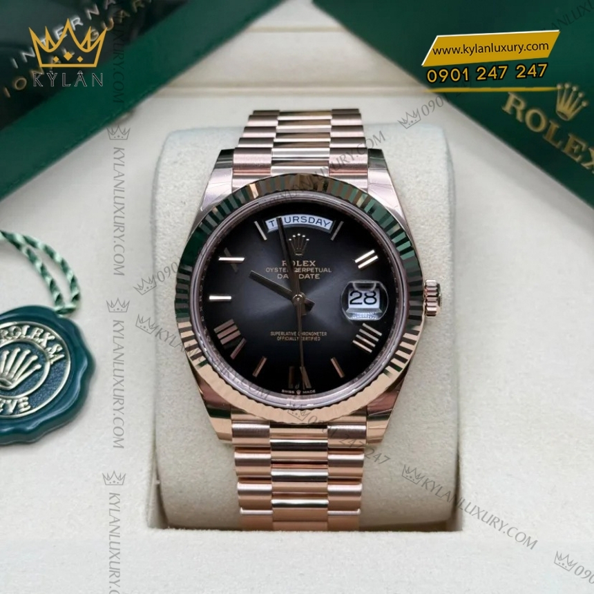 Kỳ Lân Luxury dong ho rolex day date 40 228235 mat xam den ombre 4 Đồng hồ Rolex Day-Date 40 228235-0055 Everose Gold mặt màu xám đen Ombré
