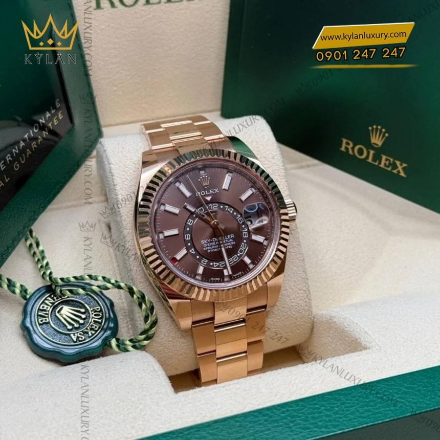 Kỳ Lân Luxury dong ho rolex sky dweller 336935 mat so chocolate 2 Đồng hồ Rolex Sky Dweller chocolate dây oyster 336935-0002