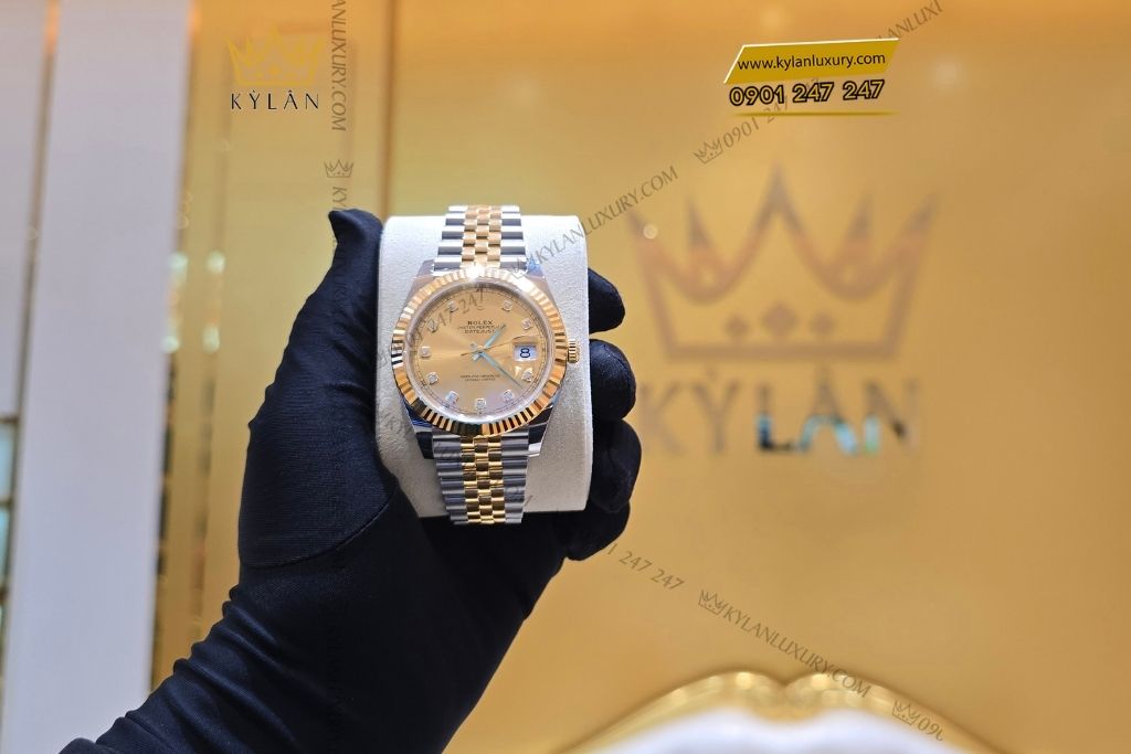 Kỳ Lân Luxury olex datejust 41 126333 mat champagne 7 Đồng hồ Rolex Datejust 41 126333 mặt Champagne nạm kim cương