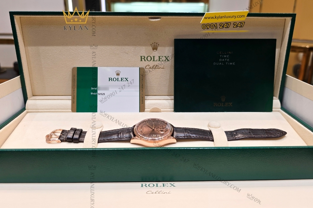 Kỳ Lân Luxury rolex cellini dual time 50525 009 8 Đồng hồ Rolex Cellini Dual Time 50525-009 mặt số Chocolate