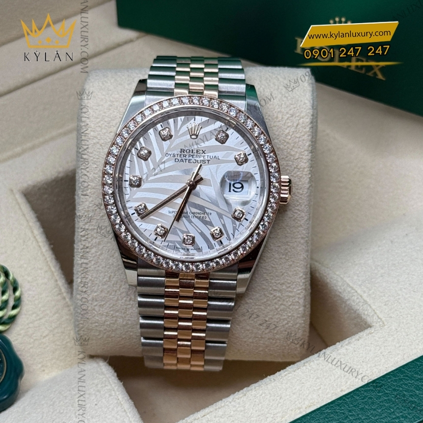 Kỳ Lân Luxury rolex datejust 126281rbr 0025 ma moi 2022 4 Đồng hồ Rolex Datejust 36 mặt lá cọ bạc 126281RBR-0025