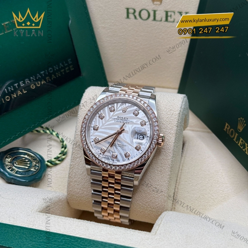 Kỳ Lân Luxury rolex datejust 126281rbr 0025 ma moi 2022 5 Đồng hồ Rolex Datejust 36 mặt lá cọ bạc 126281RBR-0025