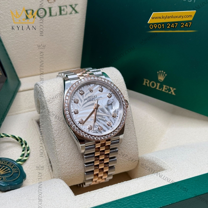 Kỳ Lân Luxury rolex datejust 126281rbr 0025 ma moi 2022 7 Đồng hồ Rolex Datejust 36 mặt lá cọ bạc 126281RBR-0025