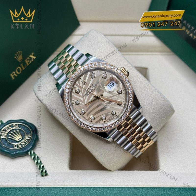 Đồng hồ Rolex Datejust 36 lá cọ vàng vành kim 126283RBR-0029