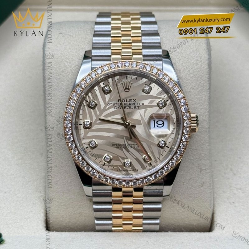 Đồng hồ Rolex Datejust 36 lá cọ vàng vành kim 126283RBR-0029