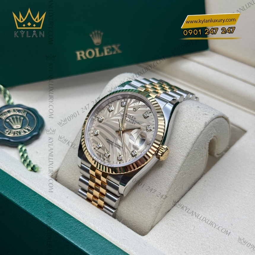Kỳ Lân Luxury rolex datejust 36 126233 0043 4 Đồng hồ Rolex Datejust 36 mặt lá cọ vàng 126233-0043