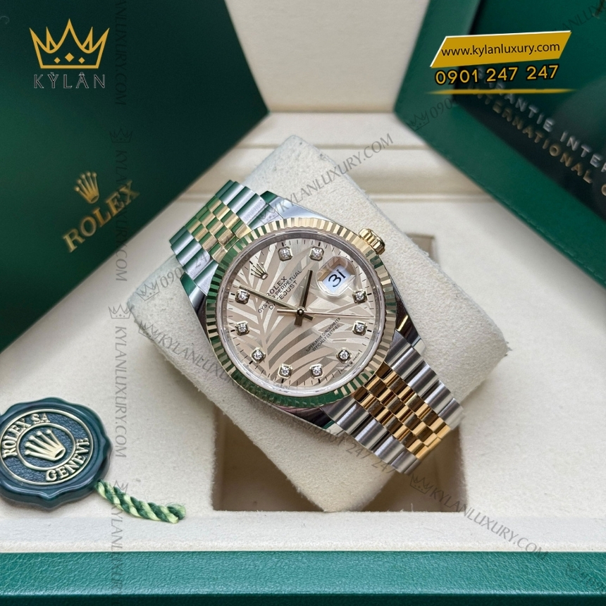 Kỳ Lân Luxury rolex datejust 36 126233 0043 8 Đồng hồ Rolex Datejust 36 mặt lá cọ vàng 126233-0043