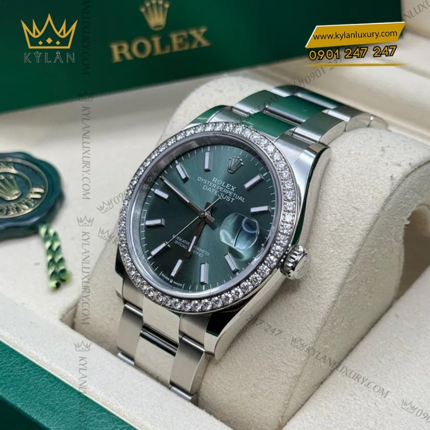 Kỳ Lân Luxury rolex datejust 36 126284rbr 0044 xanh mint vanh kim 9 Đồng hồ Rolex Datejust 36 mặt xanh mint vành kim 126284RBR-0044