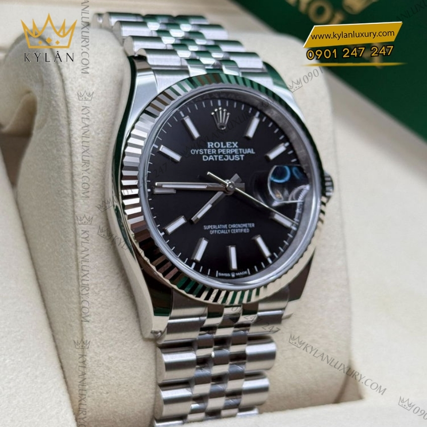 Kỳ Lân Luxury rolex datejust 36 rolesor trang hon hop thep m126234 0015 2 Đồng hồ Rolex Datejust 36 mặt đen cọc dạ quang 126234-0015