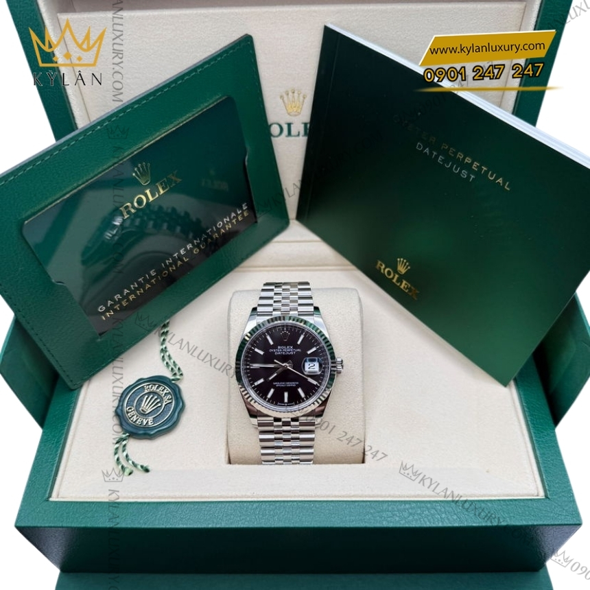 Kỳ Lân Luxury rolex datejust 36 rolesor trang hon hop thep m126234 0015 3 Đồng hồ Rolex Datejust 36 mặt đen cọc dạ quang 126234-0015