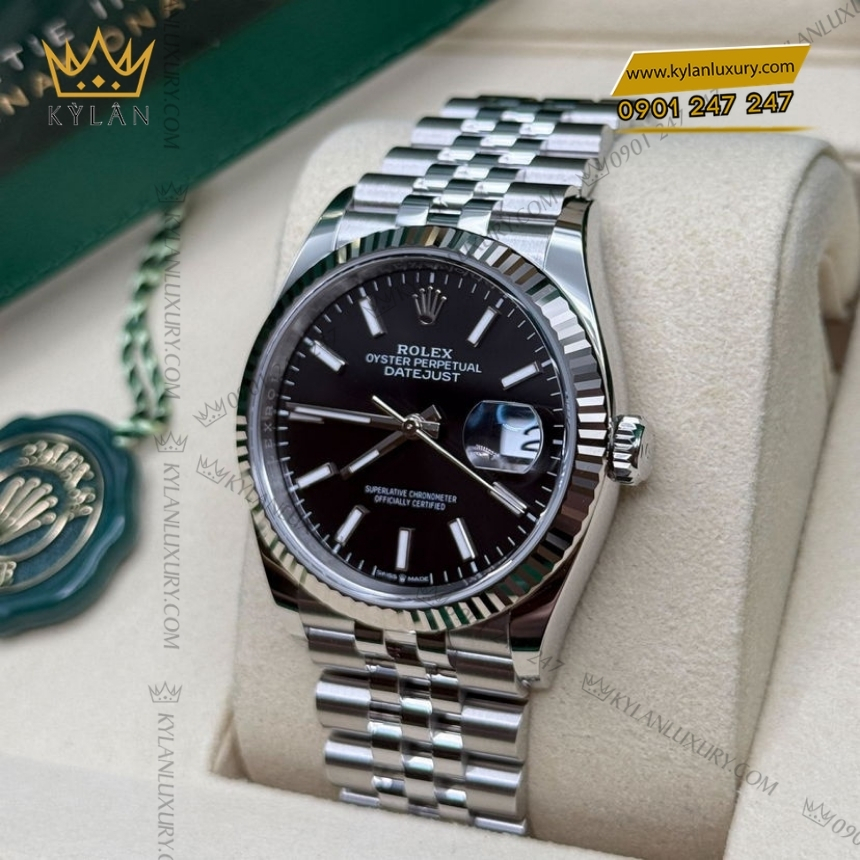 Kỳ Lân Luxury rolex datejust 36 rolesor trang hon hop thep m126234 0015 9 Đồng hồ Rolex Datejust 36 mặt đen cọc dạ quang 126234-0015