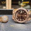 Đồng hồ Rolex Day-Date mặt số chocolate cọc kim cương baguette 228235-0003