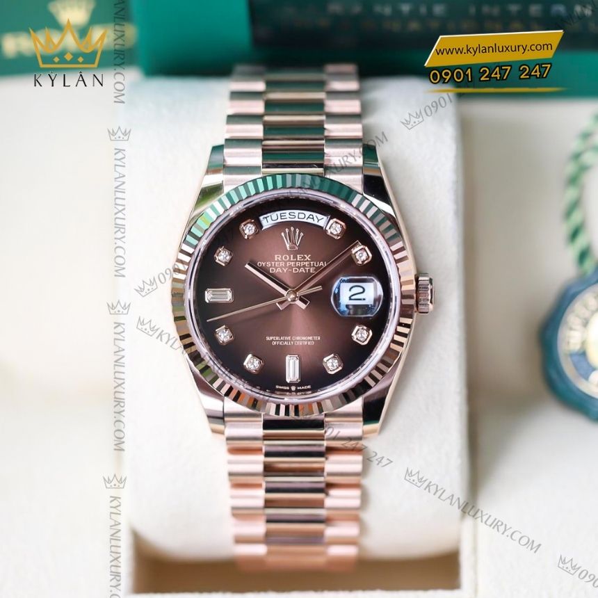 Kỳ Lân Luxury rolex day date 36 nau kim cuong 128235 0037 12 Đồng hồ Rolex Day Date 36 nâu ombré cọc kim cương 128235-0037