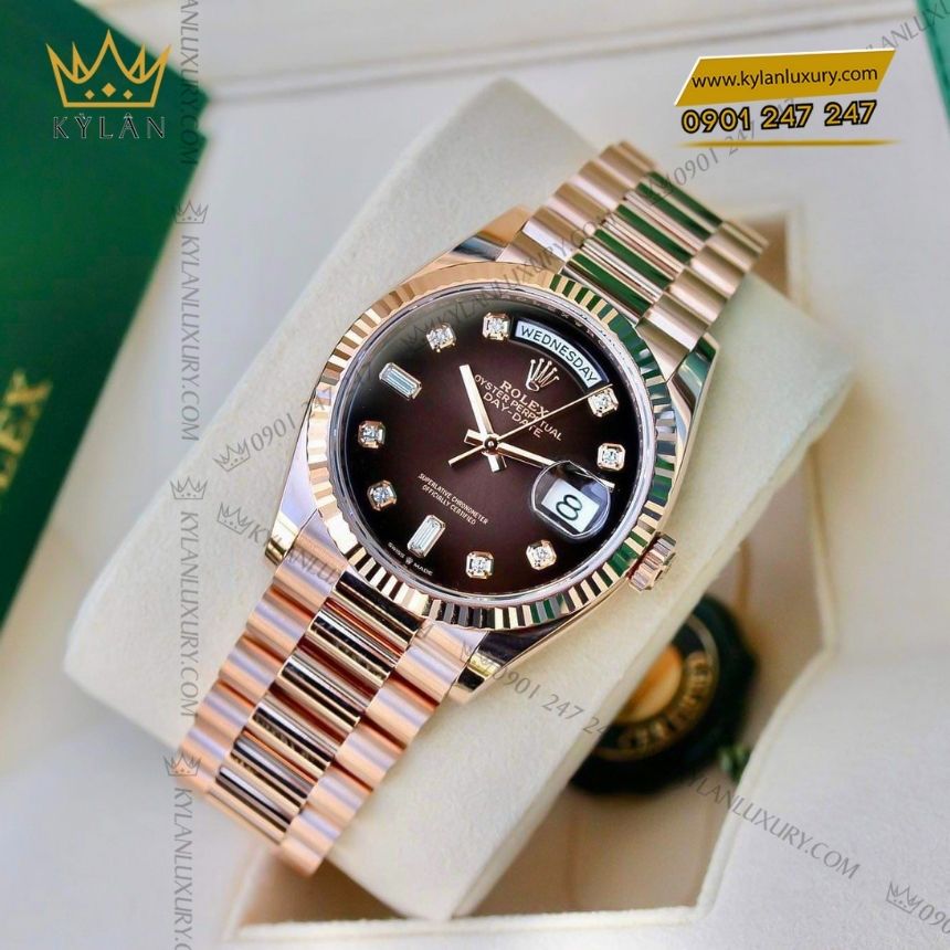 Kỳ Lân Luxury rolex day date 36 nau kim cuong 128235 0037 2 Đồng hồ Rolex Day Date 36 nâu ombré cọc kim cương 128235-0037